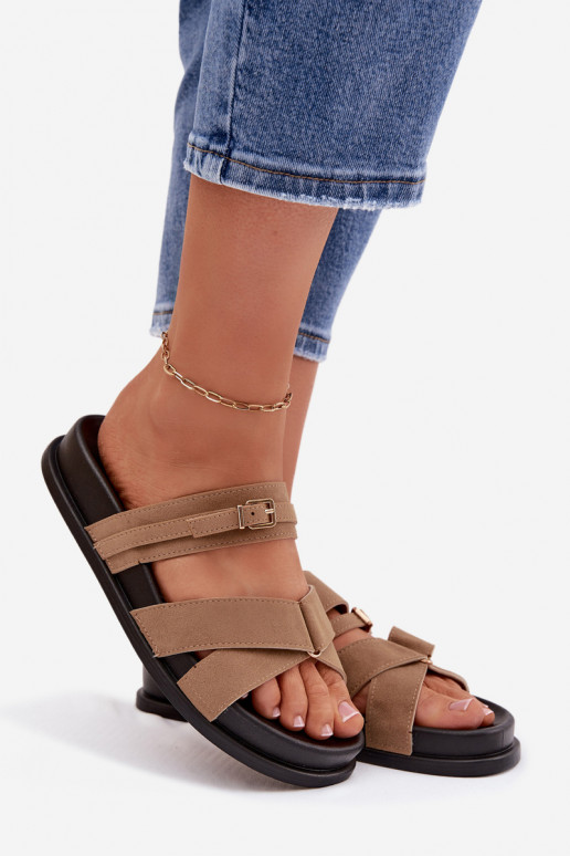 Pantofole da donna con strisce I Złotą con fibbie beige Selorina