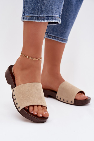 Pantofole da donna con rivetti con tacchi larghi beige Amelvessa 2