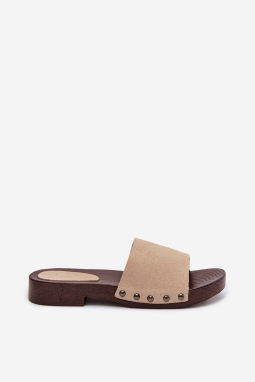 Pantofole da donna con rivetti con tacchi larghi beige Amelvessa