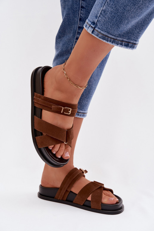 Pantofole da donna con strisce I Złotą con fibbie colore marrone Selorina