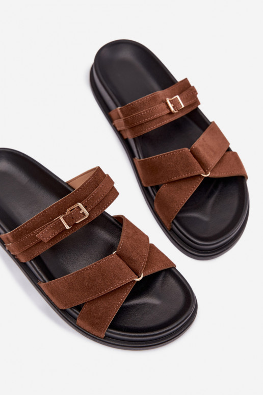 Pantofole da donna con strisce I Złotą con fibbie colore marrone Selorina