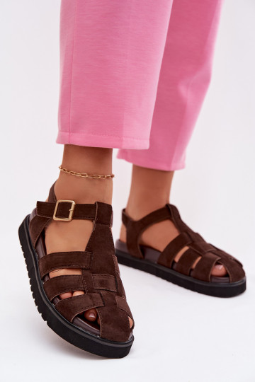 Sandali romani da donna con fibbie dorate e piattaforma color cioccolato Terelina 2