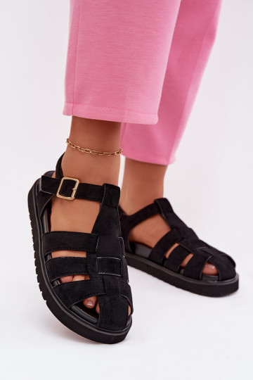 Sandali romani da donna con fibbie dorate e piattaforma color nero Terelina