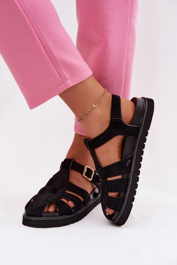 Sandali romani da donna con fibbie dorate e piattaforma color nero Terelina 2