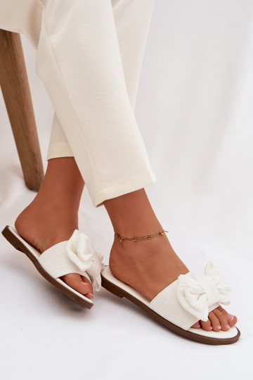 Pantofole da donna con tacco largo e fiocchi, bianche Amivelle