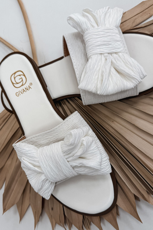 Pantofole da donna con tacco largo e fiocchi, bianche Amivelle