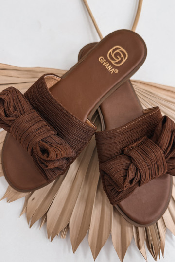 Pantofole da donna con tacco largo e fiocchi, marroni Amivelle 2