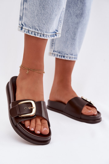 Pantofole da donna con fibbie dorate, colore marrone cioccolato Rosivana 2