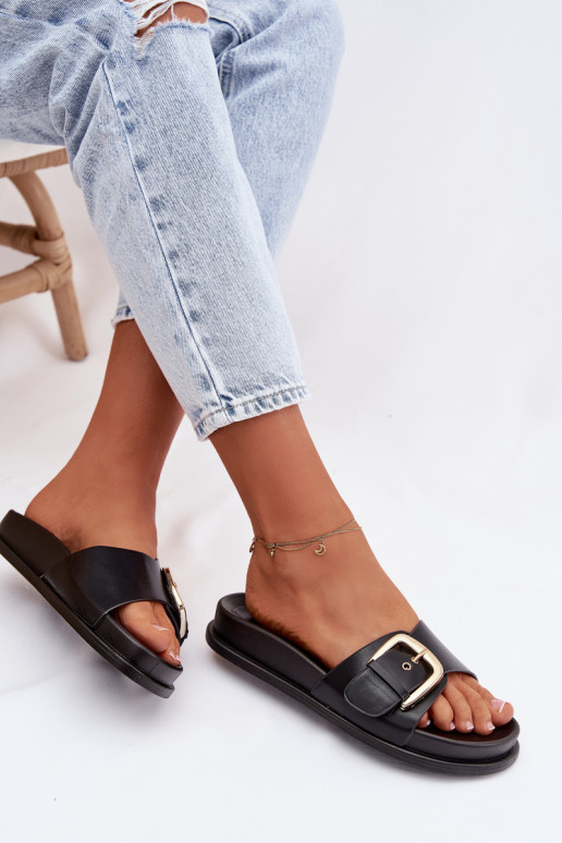 Pantofole da donna con fibbie dorate colore nero Rosivana