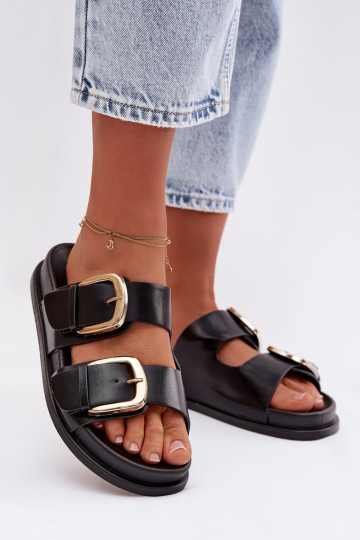 Pantofole da donna Eko Pelle Ze colore doratomi con fibbiemi colore nero Tervessa 2