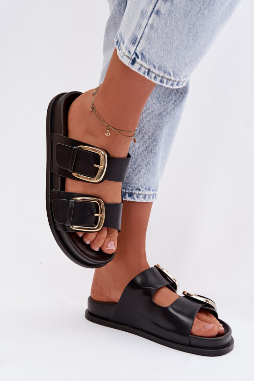 Pantofole da donna Eko Pelle Ze colore doratomi con fibbiemi colore nero Tervessa