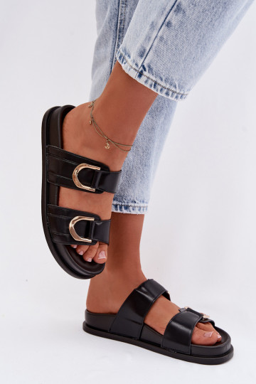Pantofole nere in pelle artificiale con fasce nere Rosinessa