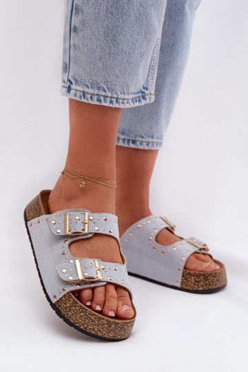 Pantofole dorate con fibbie e borchie blu chiaro Tervina 2