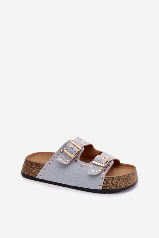 Pantofole da donna Ze colore doratomi con fibbiemi E borchie azzurro Tervina