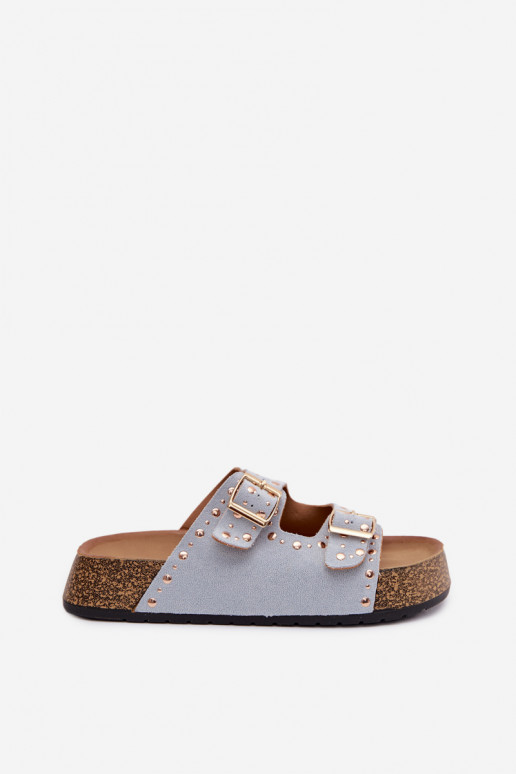 Pantofole da donna Ze colore doratomi con fibbiemi E borchie azzurro Tervina