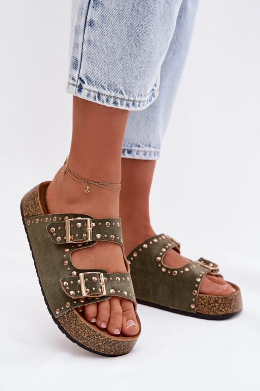 Pantofole da donna Ze colore doratomi con fibbiemi E borchie colore kaki Tervina