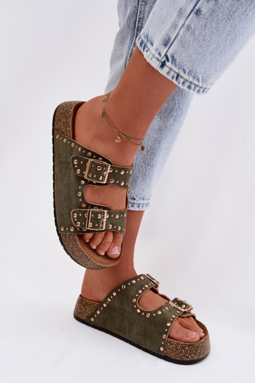 Pantofole da donna Ze colore doratomi con fibbiemi E borchie colore kaki Tervina