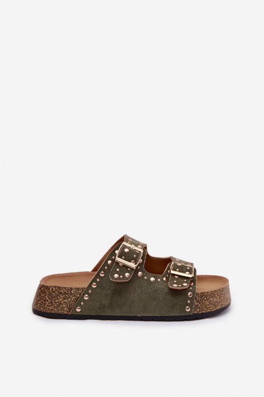 Pantofole da donna Ze colore doratomi con fibbiemi E borchie colore kaki Tervina