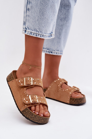 Pantofole da donna Ze colore doratomi con fibbiemi E borchie colore marrone Tervina