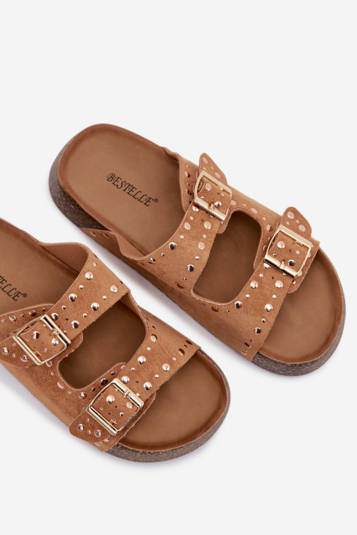 Pantofole da donna Ze colore doratomi con fibbiemi E borchie colore marrone Tervina