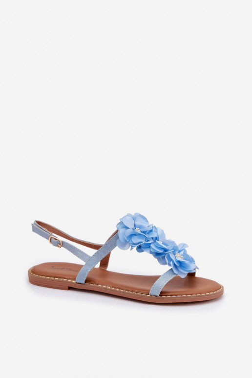 Sandali bassi da donna Con decorazionii con motivi florealikami colore blu Noemia