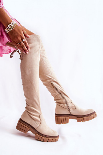 Stivali da donna in suede sopra il ginocchio color avorio Cheera 2