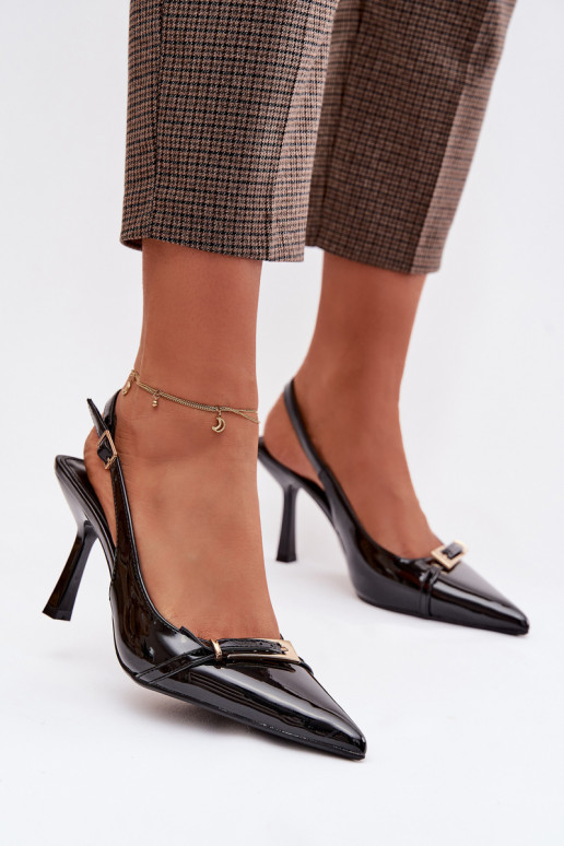 Sandali laccati da donna con tacchi sottili con fibbie dorate colore nero Bellivra