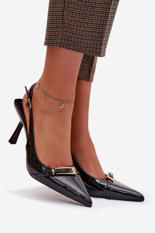 Sandali laccati da donna con tacchi sottili con fibbie dorate colore nero Bellivra