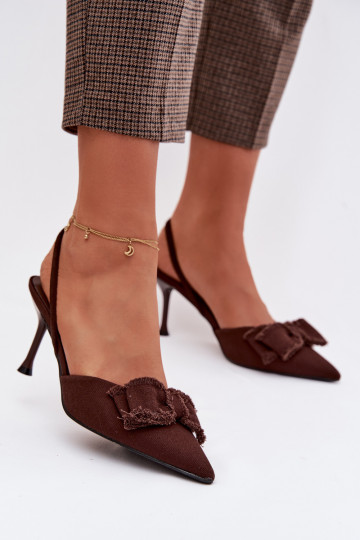 Sandali da donna con tacchi sottili e fiocchi, color cioccolato, Hestia 2