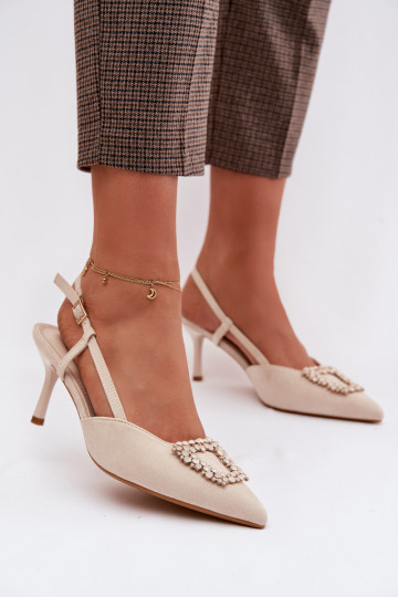 Sandali da donna con tacchi sottili e decorazioni, color avorio, Ismeria 2