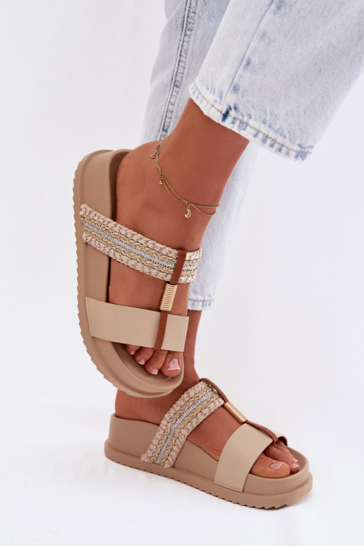 Pantofole da donna con una piattaforma con strisce I colore doratom Detalem beige Tahlia