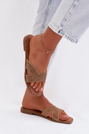 Pantofole da donna con tacchi larghi e strass, oro, Zinnia