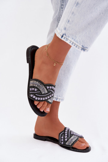 Pantofole decorate con tacchi larghi, nere, Dovima