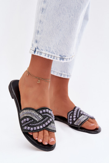 Pantofole decorate con tacchi larghi, nere, Dovima 2