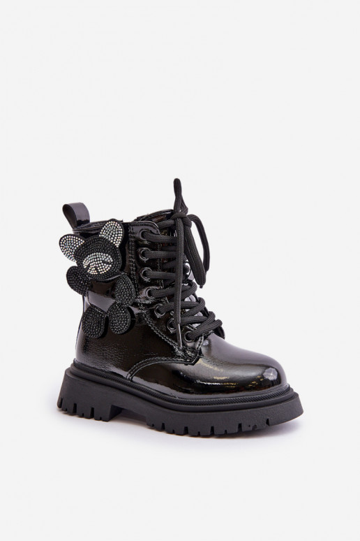 riscaldamento Stivali Infantile Con Orso Al Castello con effetto vernice colore nero Relobia