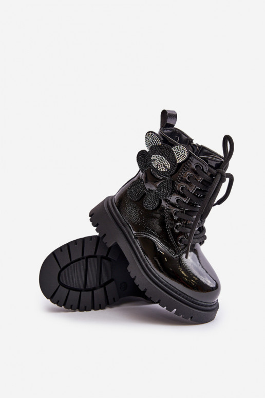 riscaldamento Stivali Infantile Con Orso Al Castello con effetto vernice colore nero Relobia