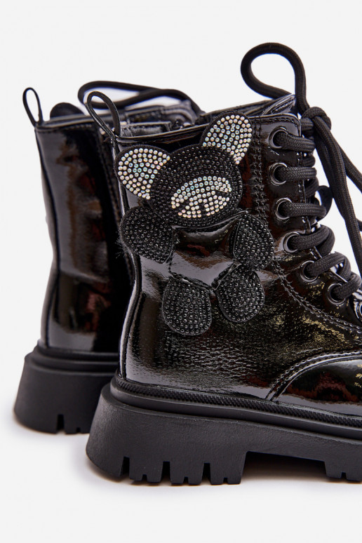 riscaldamento Stivali Infantile Con Orso Al Castello con effetto vernice colore nero Relobia