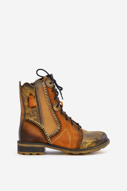 Pelle Stivali da donna con tacchi larghi Deveciejka 06719-07 colore giallo