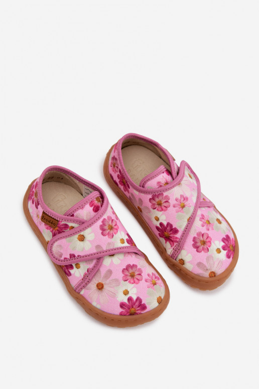 Pantofole Infantile Infantile con chiusure adesive Barefoot con fiori Froddo G1700438-8 colore rosa
