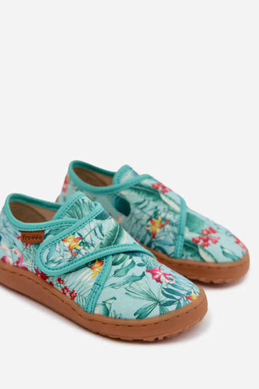 Pantofole Infantile con chiusure adesive Barefoot con motivi floreali Liście Froddo G1700438-14 colore menta
