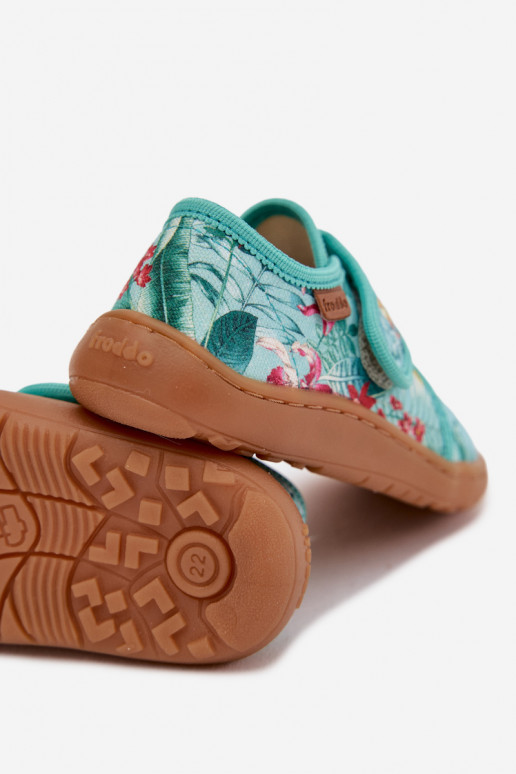 Pantofole Infantile con chiusure adesive Barefoot con motivi floreali Liście Froddo G1700438-14 colore menta