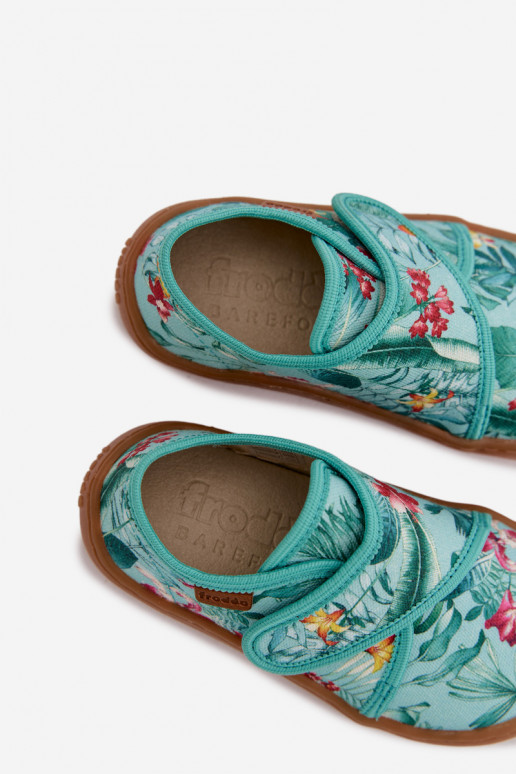 Pantofole Infantile con chiusure adesive Barefoot con motivi floreali Liście Froddo G1700438-14 colore menta