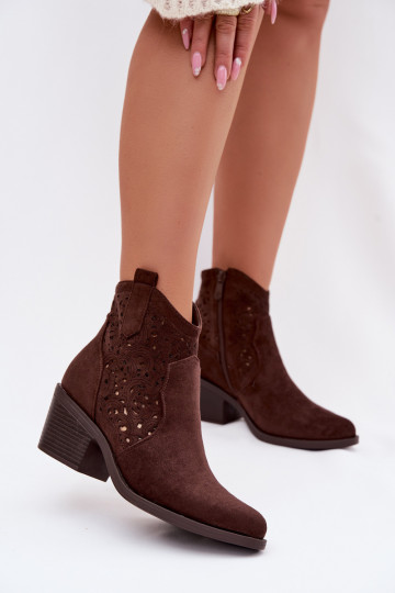 Stivaletti donna traforati in stile cowboy con tacco S.Barski HY61-8012 color cioccolato 2