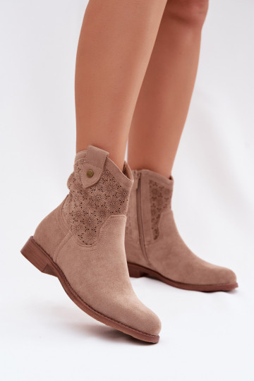 Stivaletti donna con tacco largo e elementi traforati S.Barski HY61-8025 color sabbia 2