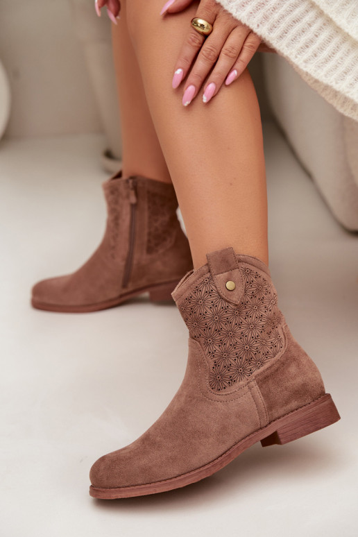 Stivali da donna con tacchi larghi con elementi traforati S.Barski HY61-8025 colore marrone