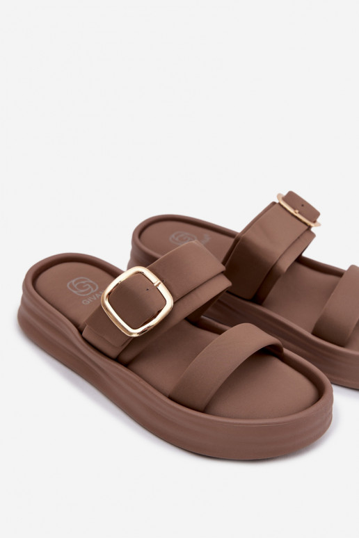  Pantofole da donna con una piattaforma con strisce I Złotą con fibbie colore kaki Ameliette