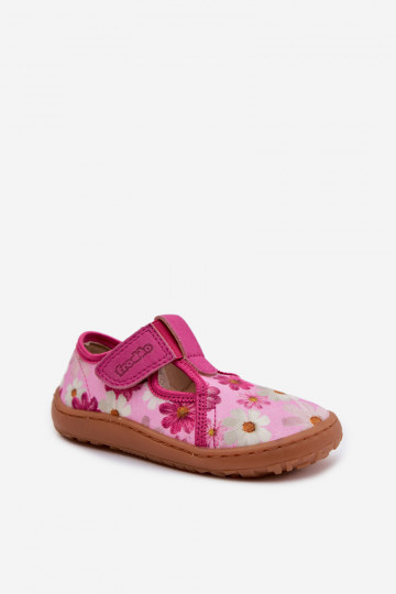Pantofole Infantile con chiusure adesive con fiori Barefoot Froddo Cannvas G1700439-4 colore rosa