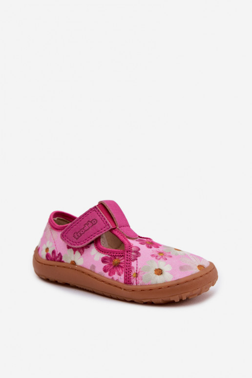 Pantofole Infantile con chiusure adesive con fiori Barefoot Froddo Cannvas G1700439-4 colore rosa