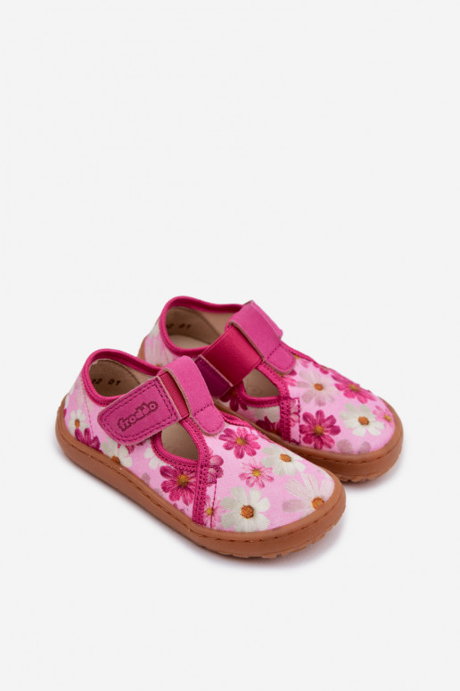 Pantofole Infantile con chiusure adesive con fiori Barefoot Froddo Cannvas G1700439-4 colore rosa