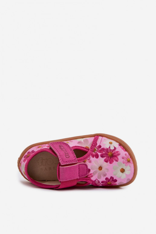 Pantofole Infantile con chiusure adesive con fiori Barefoot Froddo Cannvas G1700439-4 colore rosa